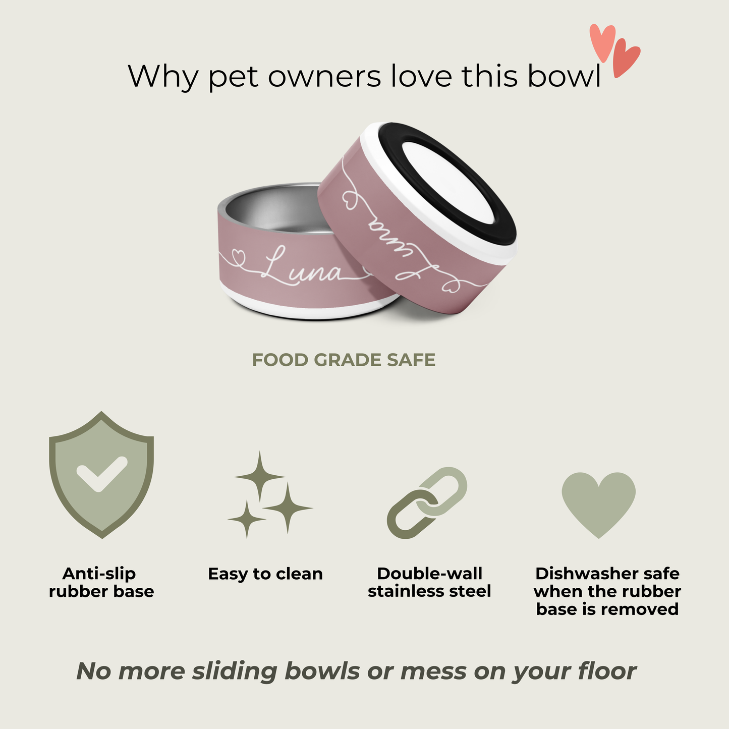 Two pet bowls with 'Luna' engraved, featuring text on why pet owners love them.