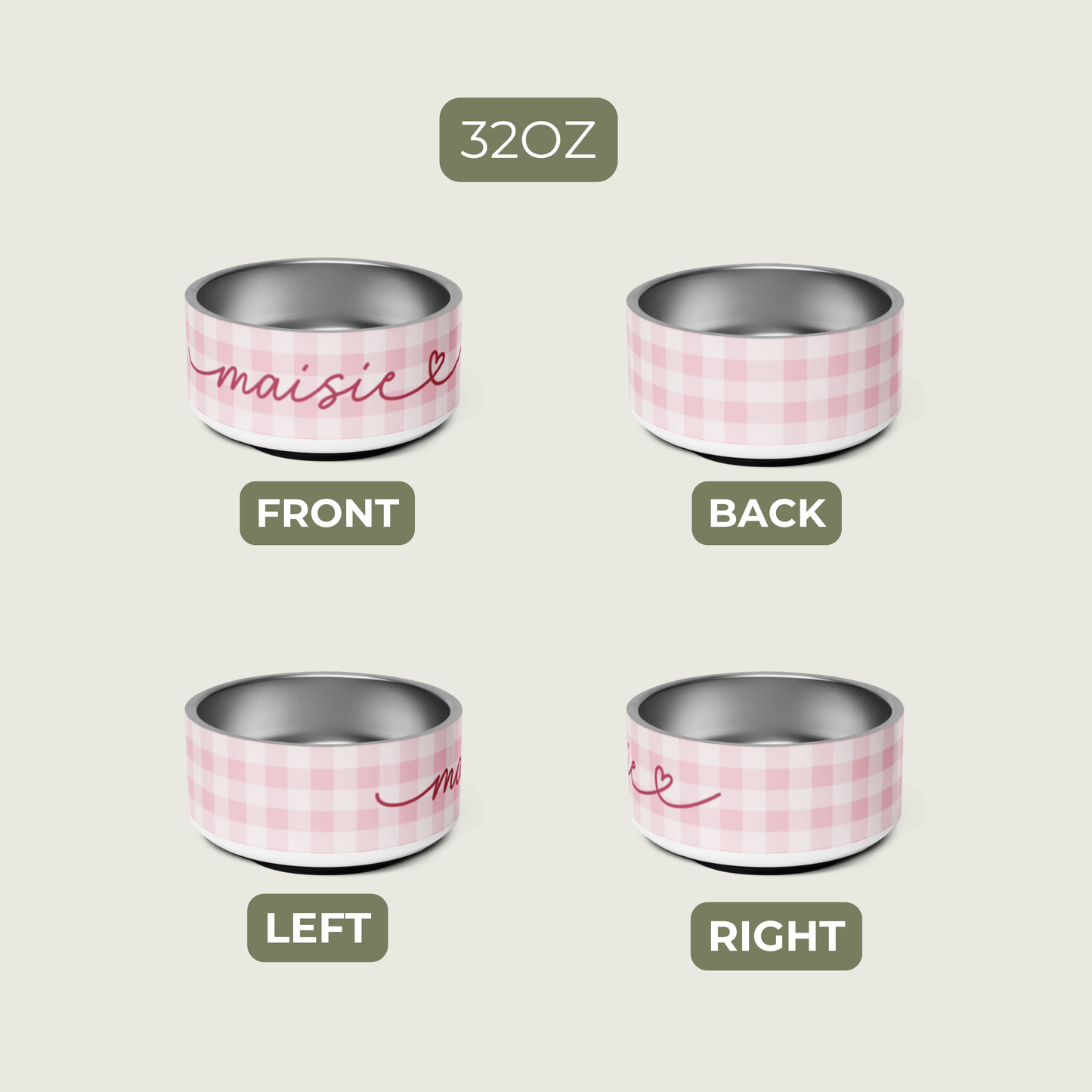 Personalized Pink Checkered Dog Bowl