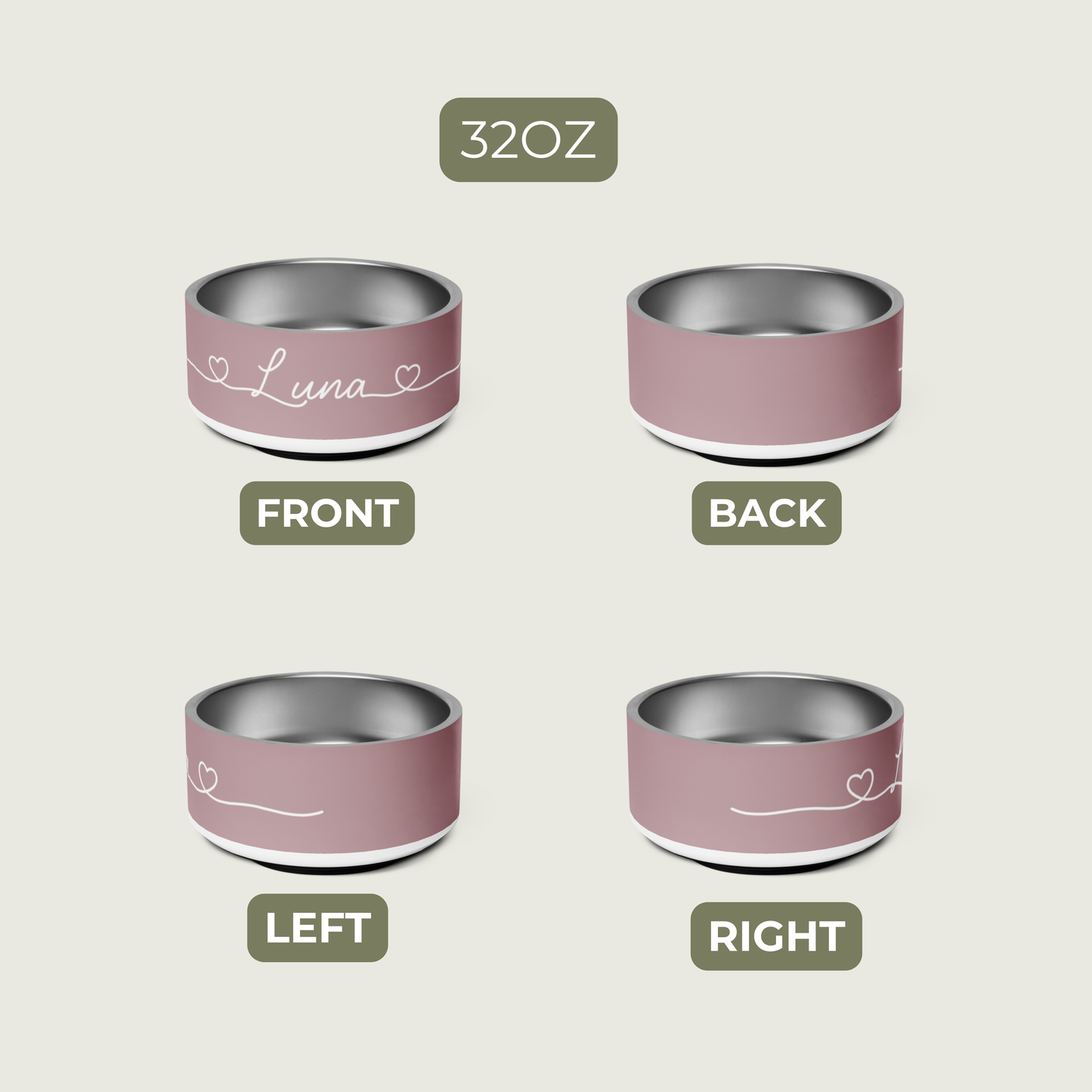 4 views of a pink pet bowl with 'Luna' and heart designs on a beige background
