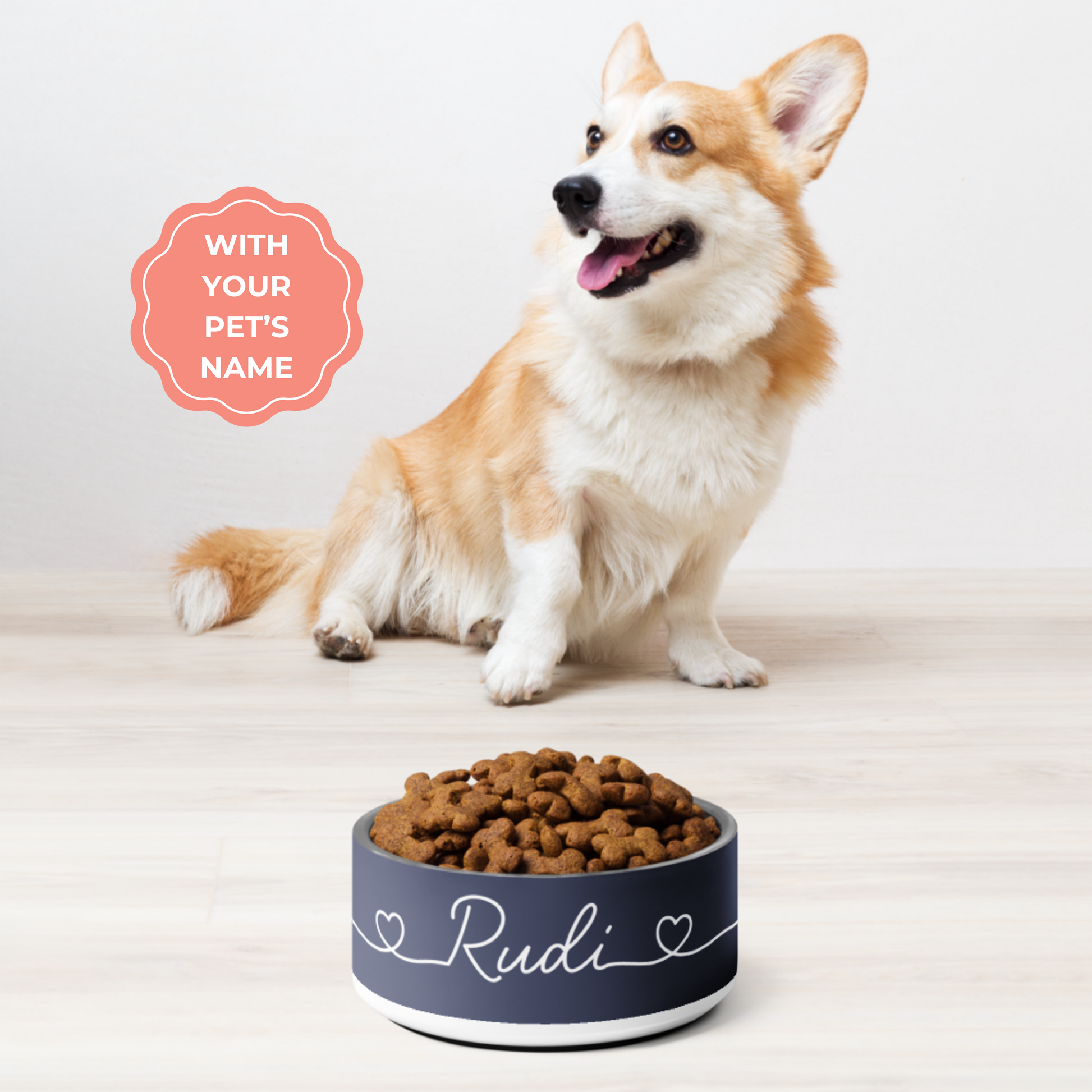 Personalized dog food bowl with name in Navy blue