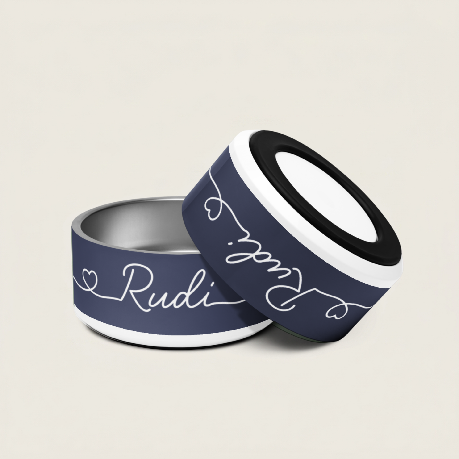 Navy Blue Dog Bowl with handwritten name Rudi