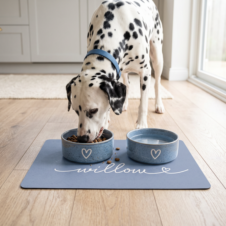 Dalmatian eating from a bowl on a dusty blue personalized pet food mat