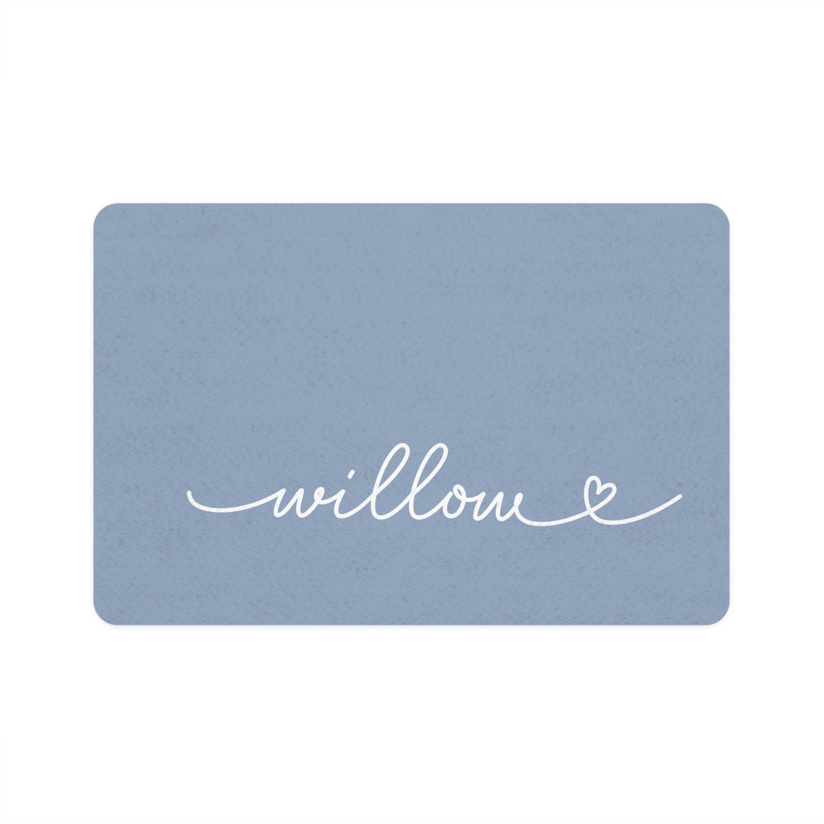 Dusty blue rectangle personalized pet food mat with the name Willow in white handwritten script and a small heart