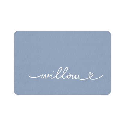Dusty blue rectangle personalized pet food mat with the name Willow in white handwritten script and a small heart