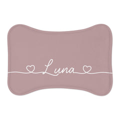 Dusty Rose Hearts Personalized Dog Bowl Mat – Bone Shaped Pet Feeding Mat