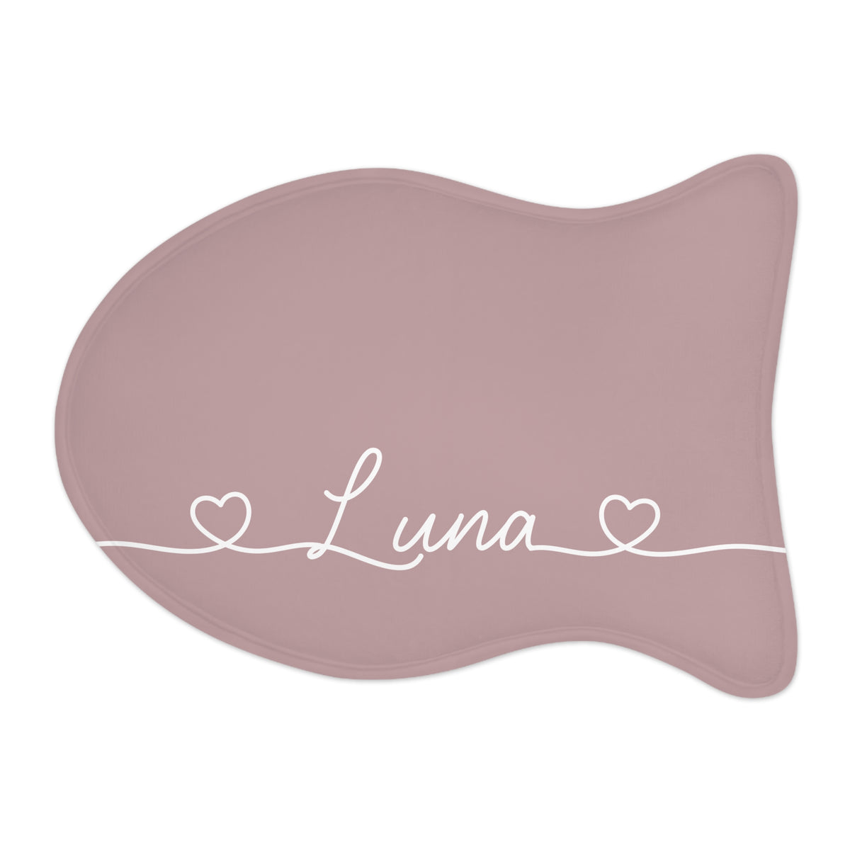 Dusty rose fish-shaped personalized pet feeding mat for cats with the name Luna between two hearts