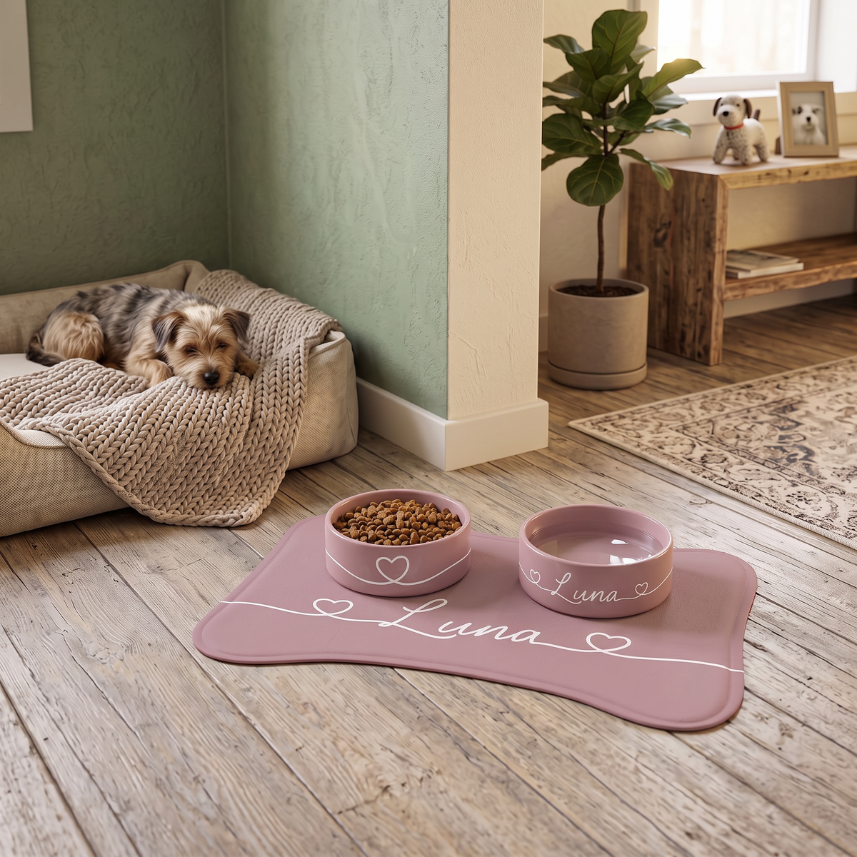 Dusty rose bone-shaped personalized feeding mat with two bowls in a cozy living room with a plant