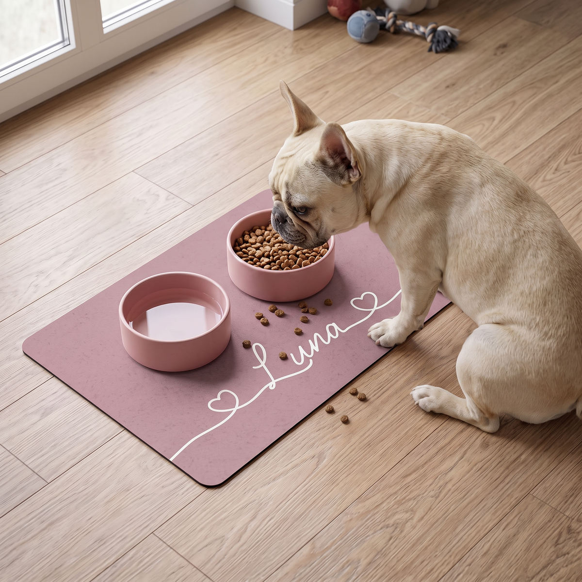 French bulldog eating from a bowl on a dusty rose personalized pet food mat with a water bowl on a wooden floor
