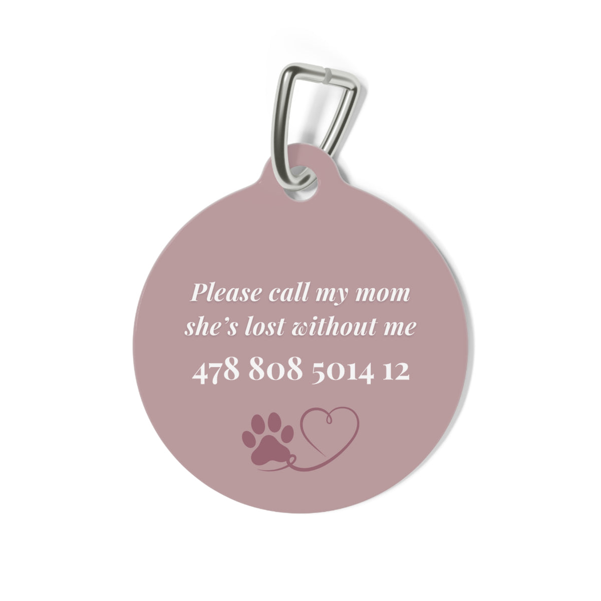 Back of the dusty rose personalized pet tag with a contact message, phone number and paw print with heart