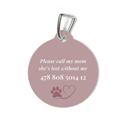 Back of the dusty rose personalized pet tag with a contact message, phone number and paw print with heart