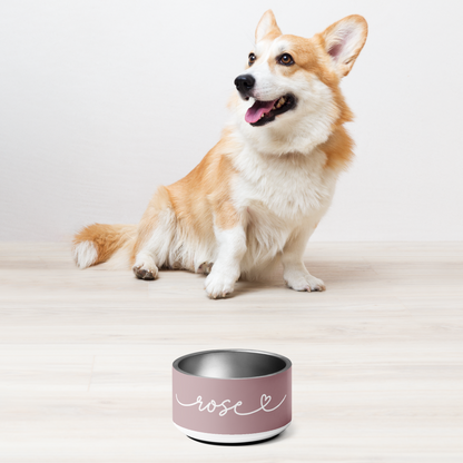 Corgi sitting next to a dusty rose personalized dog bowl