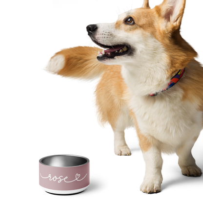 Corgi standing next to a dusty rose personalized dog bowl
