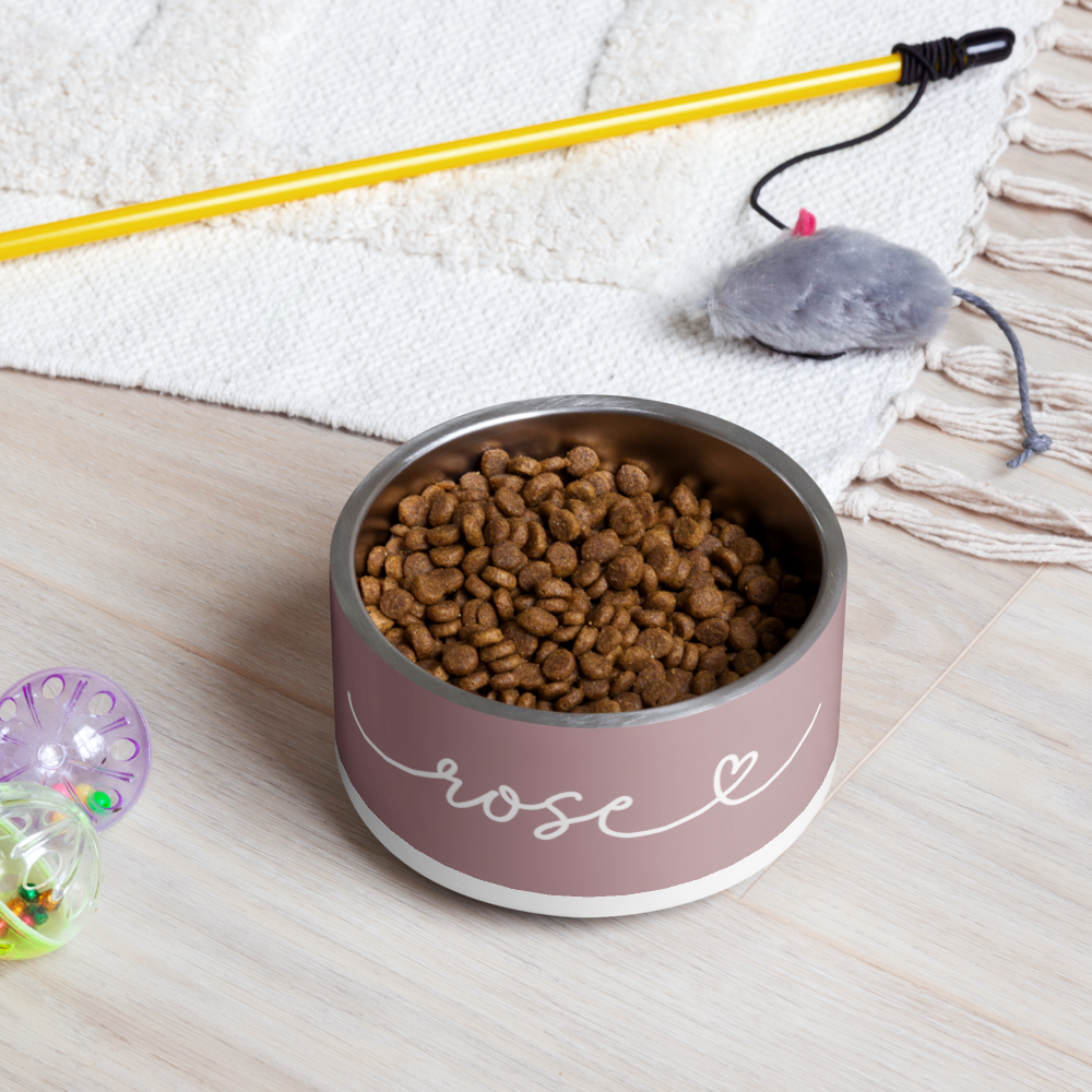 Dusty rose personalized dog bowl with kibble on the floor next to a dog toy