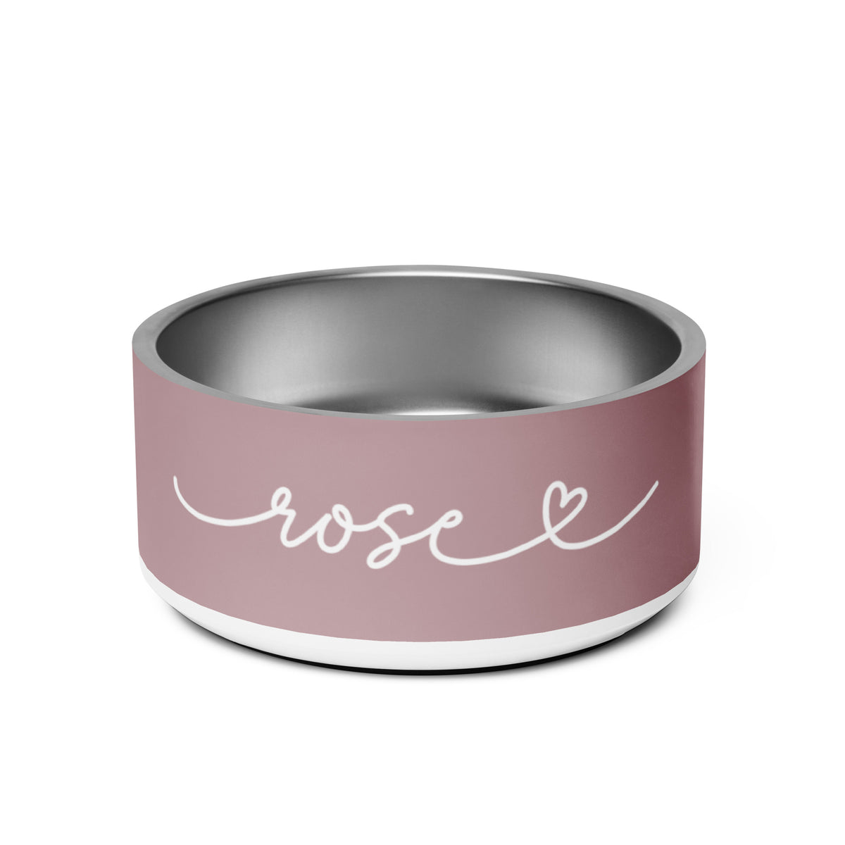 Dusty rose personalized dog bowl with the name Rose in white handwritten script and a small heart
