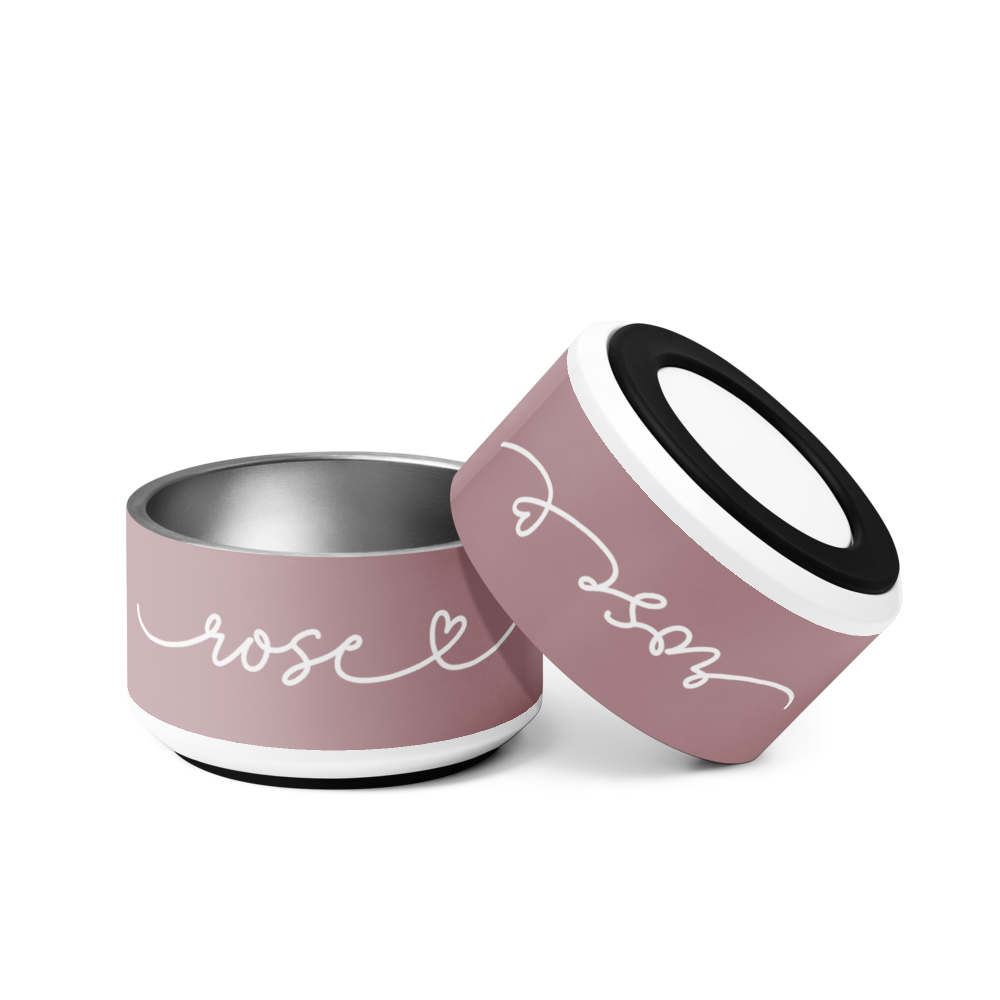 Two dusty rose personalized dog bowls tilted together showing the handwritten name