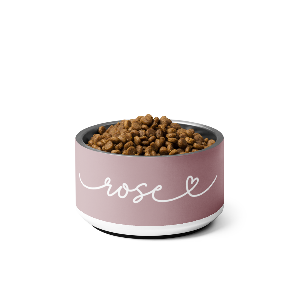 Dusty rose personalized dog bowl with the name Rose filled with kibble