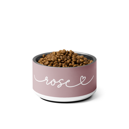 Dusty rose personalized dog bowl with the name Rose filled with kibble
