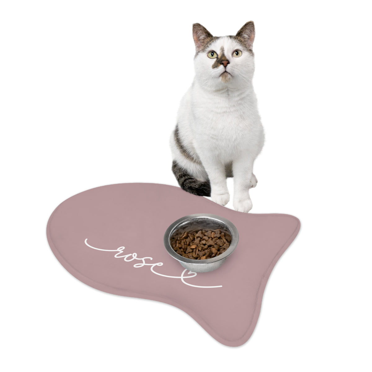 Cat sitting on a dusty rose fish-shaped personalized pet feeding mat next to a food bowl