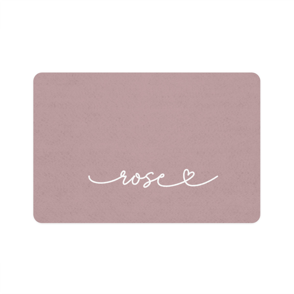 Dusty rose rectangle personalized pet food mat with the name Rose in white handwritten script and a small heart