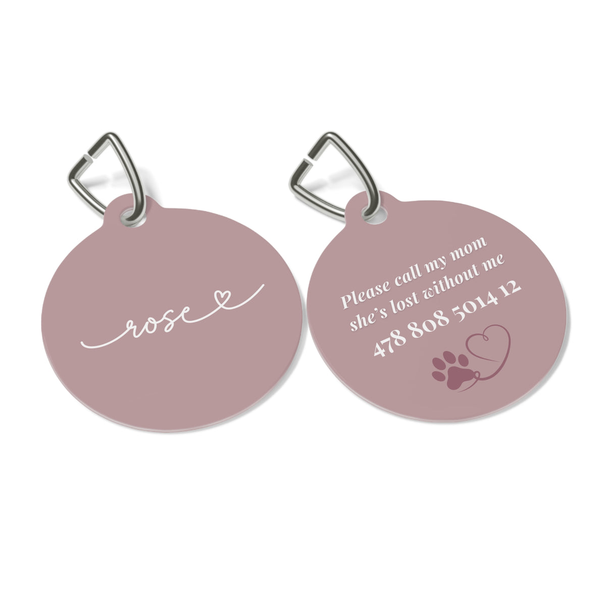 Front and back of the dusty rose personalized pet tag side by side