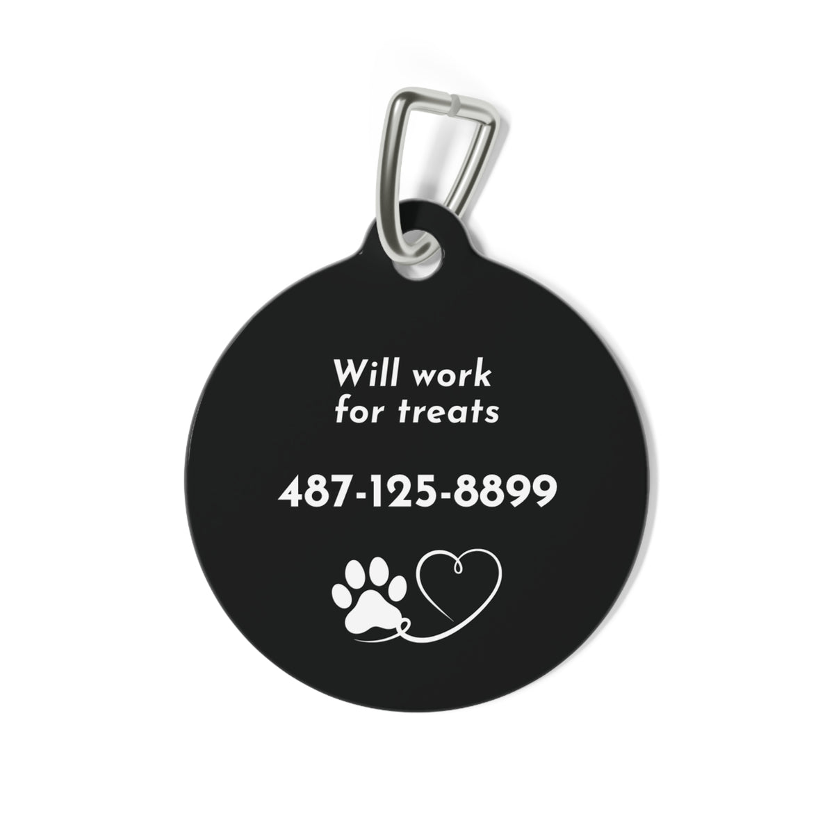 Black back of gold glitter personalized dog tag with Will work for treats, phone number and a paw and heart