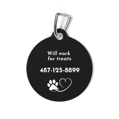 Black back of gold glitter personalized dog tag with Will work for treats, phone number and a paw and heart