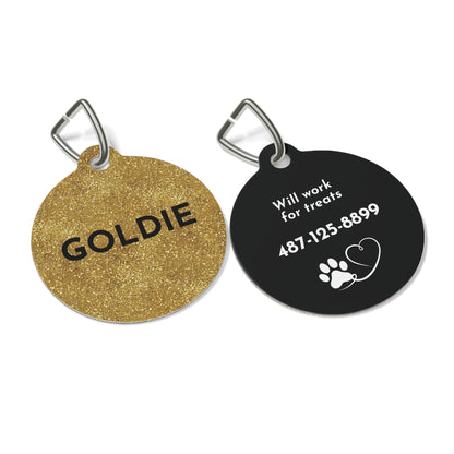 Front and back of gold glitter personalized dog tag with name, funny saying and phone number