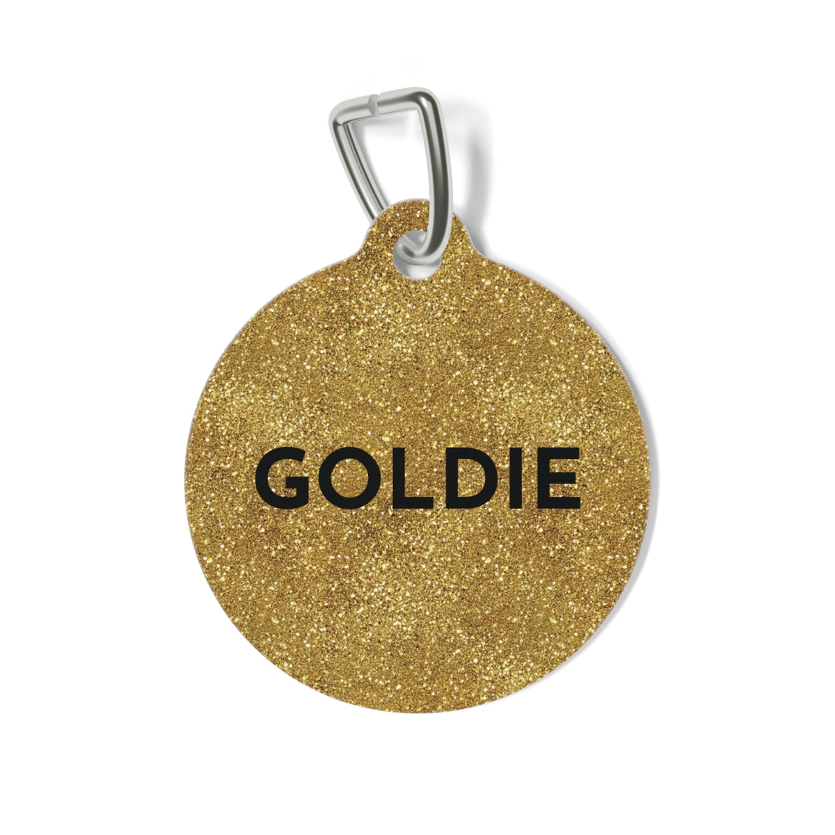 Round gold glitter personalized dog tag with the name Goldie in bold black capitals
