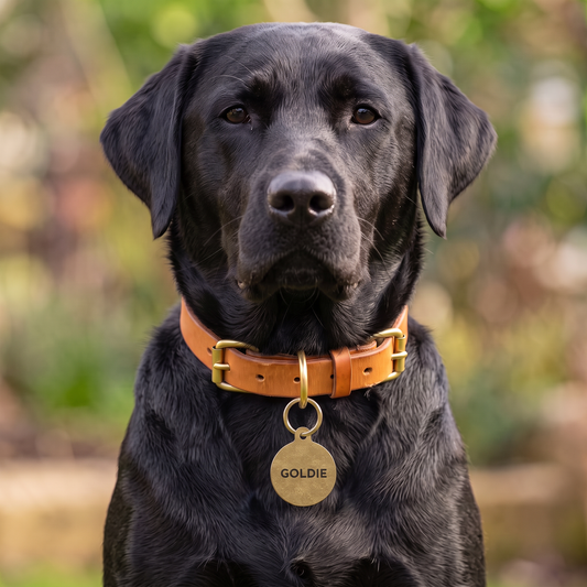 Black Labrador wearing a gold glitter personalized dog tag on an orange collar outdoors
