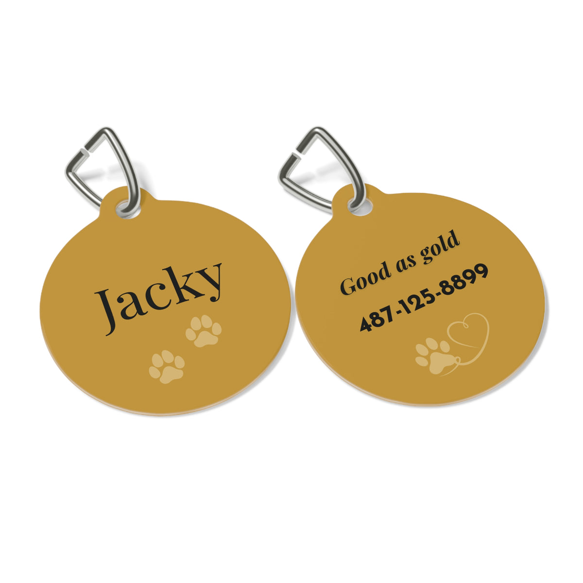 Front and back of the gold paw print personalized dog tag side by side