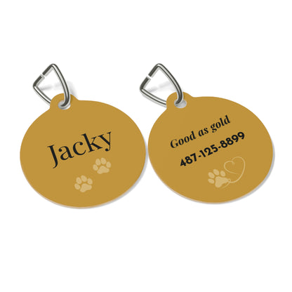 Front and back of the gold paw print personalized dog tag side by side