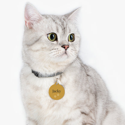 Grey tabby cat wearing the gold paw print personalized pet ID tag