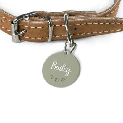 Sage green heart pet tag on a tan leather collar