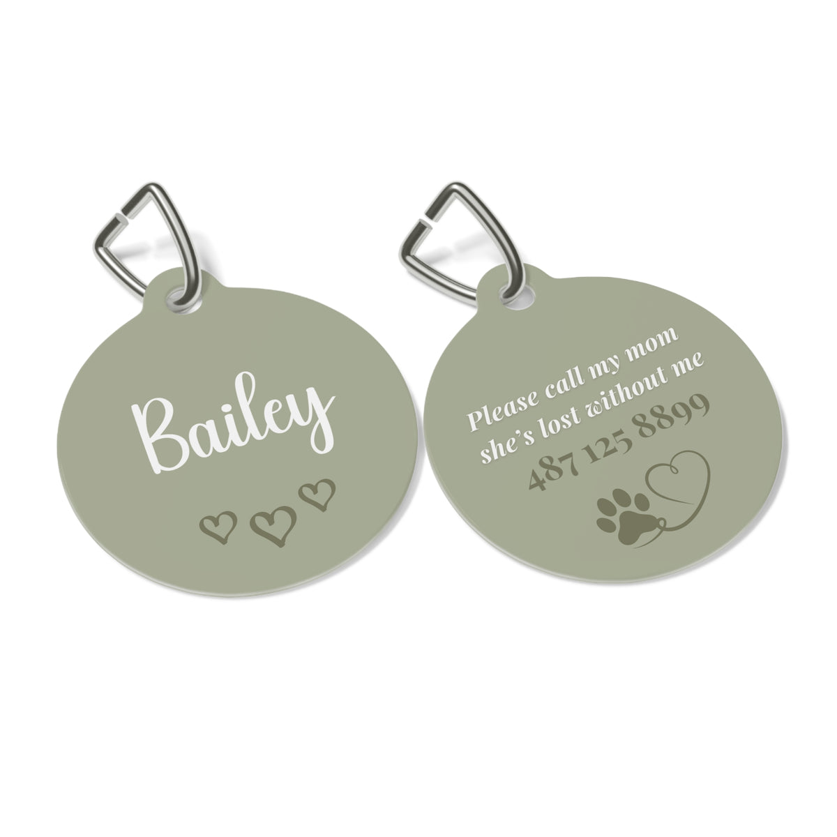 Front and back of the sage green heart personalized pet tag with engraved contact details