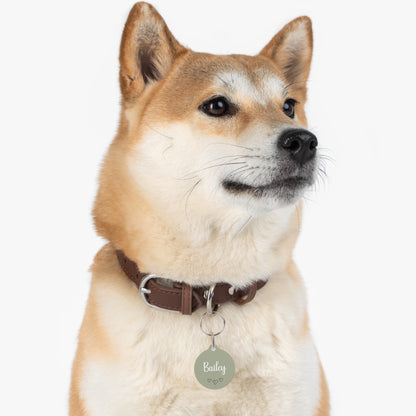 Shiba Inu wearing the sage green heart personalized pet tag
