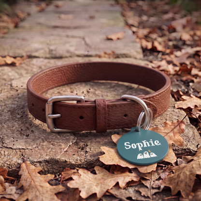 Teal Halloween personalized dog tag with ghosts on a brown leather collar in autumn leaves