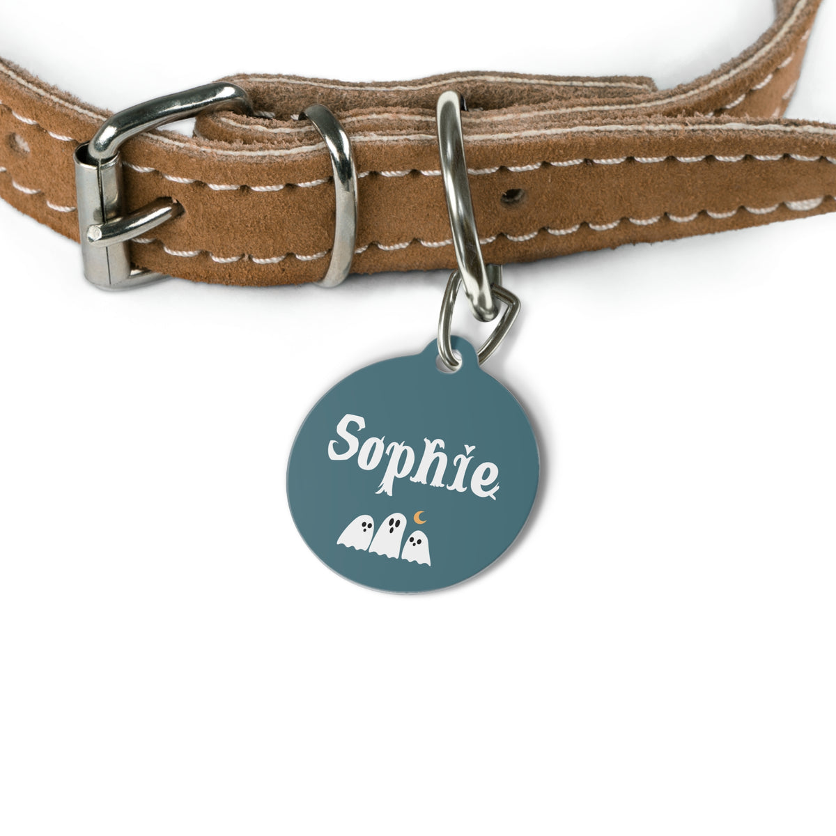 Halloween ghost pet tag on a tan leather collar