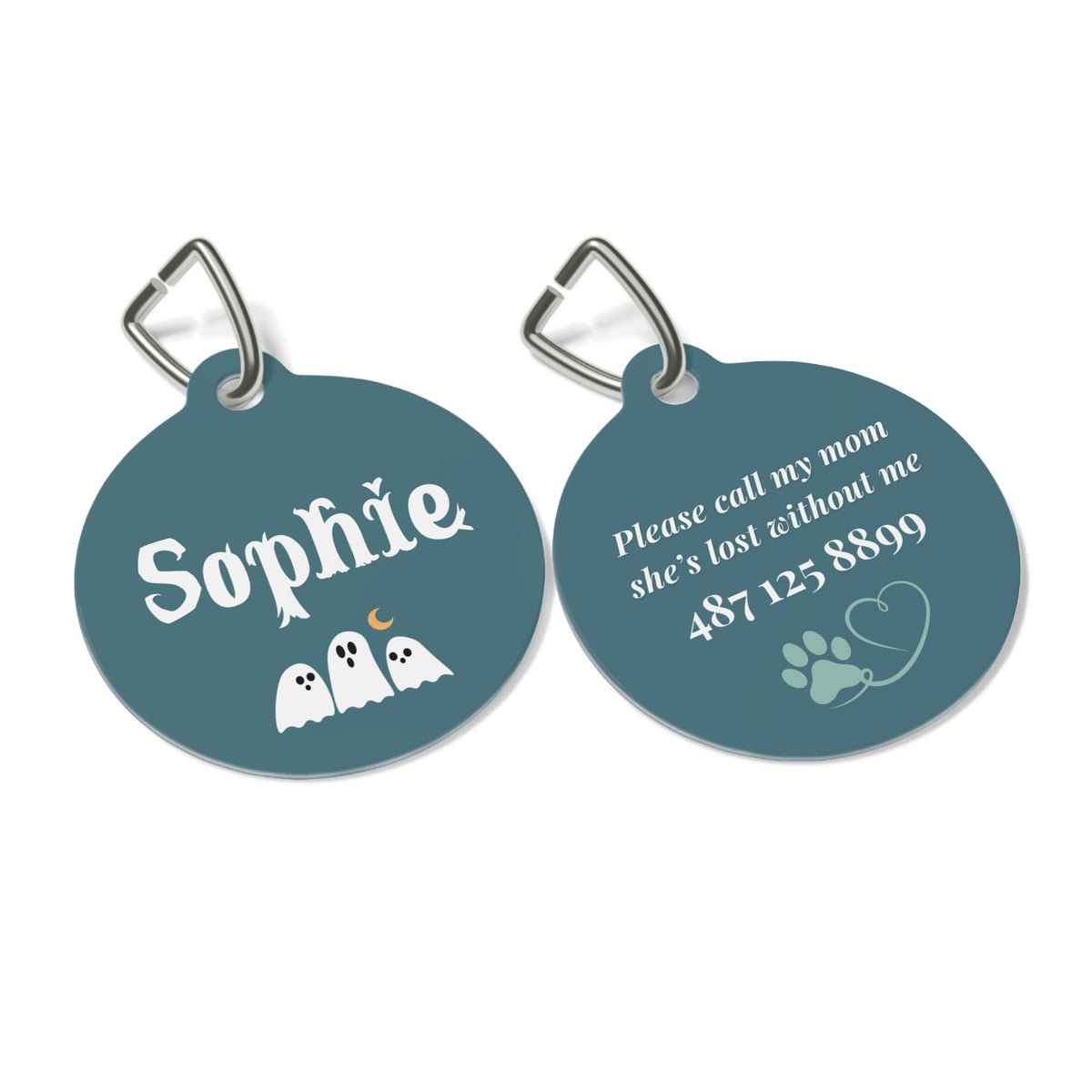 Front and back of the Halloween personalized pet tag with engraved contact details