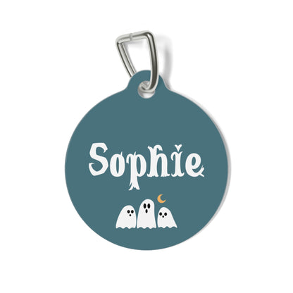 Halloween personalized pet tag in teal with little ghosts, a moon and the name Sophie