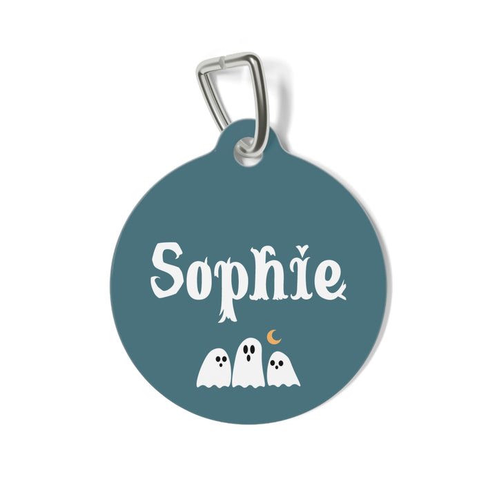 Halloween personalized pet tag in teal with little ghosts, a moon and the name Sophie