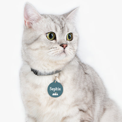 Cat wearing the teal Halloween personalized pet tag