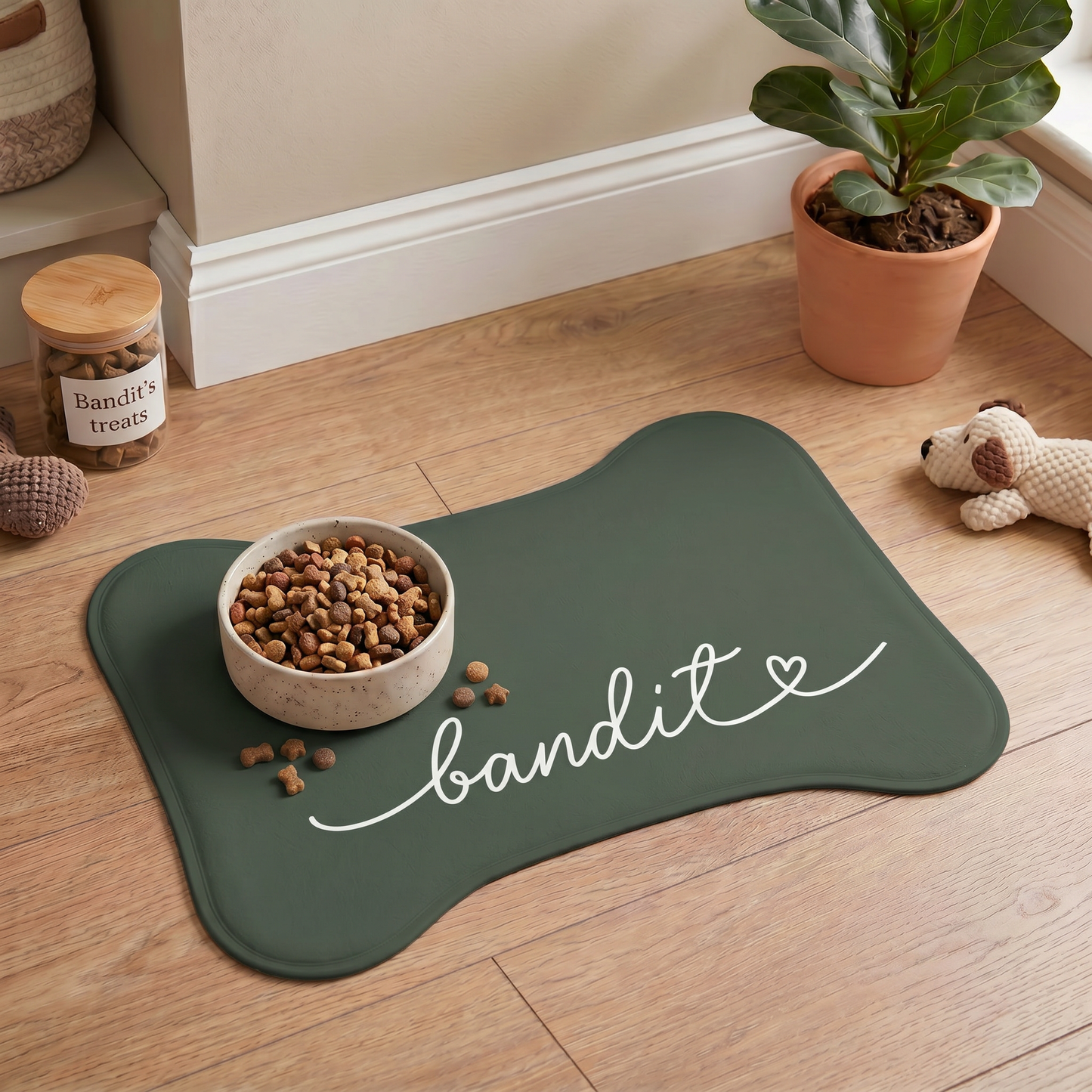 Personalized Forest Green Dog Food Mat