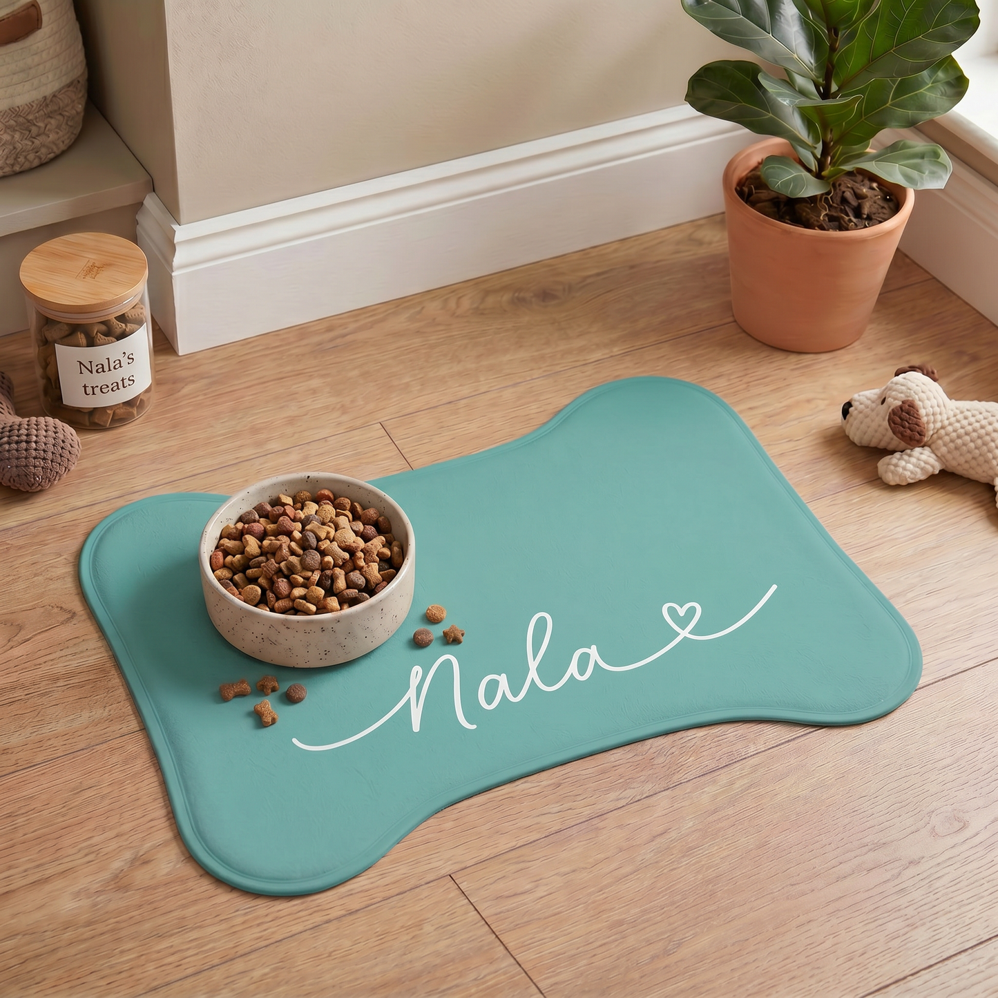 Personalized Turquoise Dog Food Mat