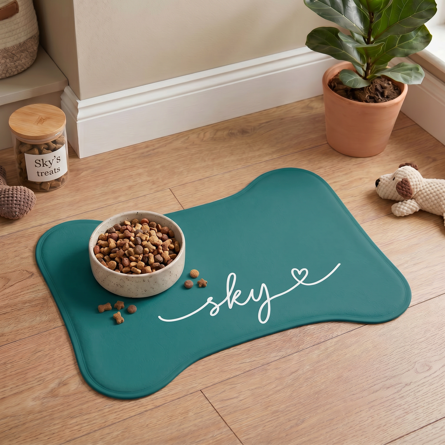 Personalized Light Teal Dog Food Mat