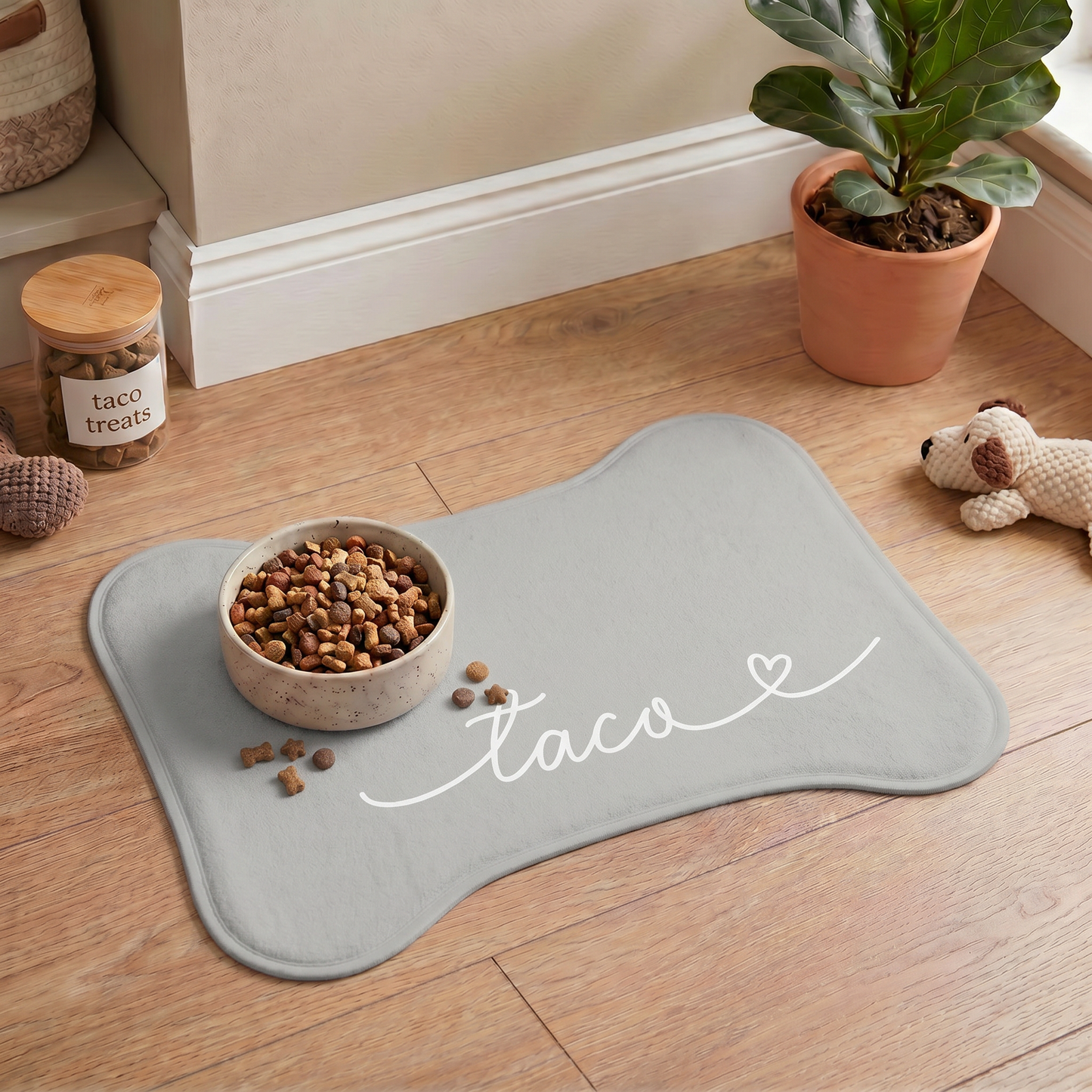 Personalized Soft Grey Dog Food Mat