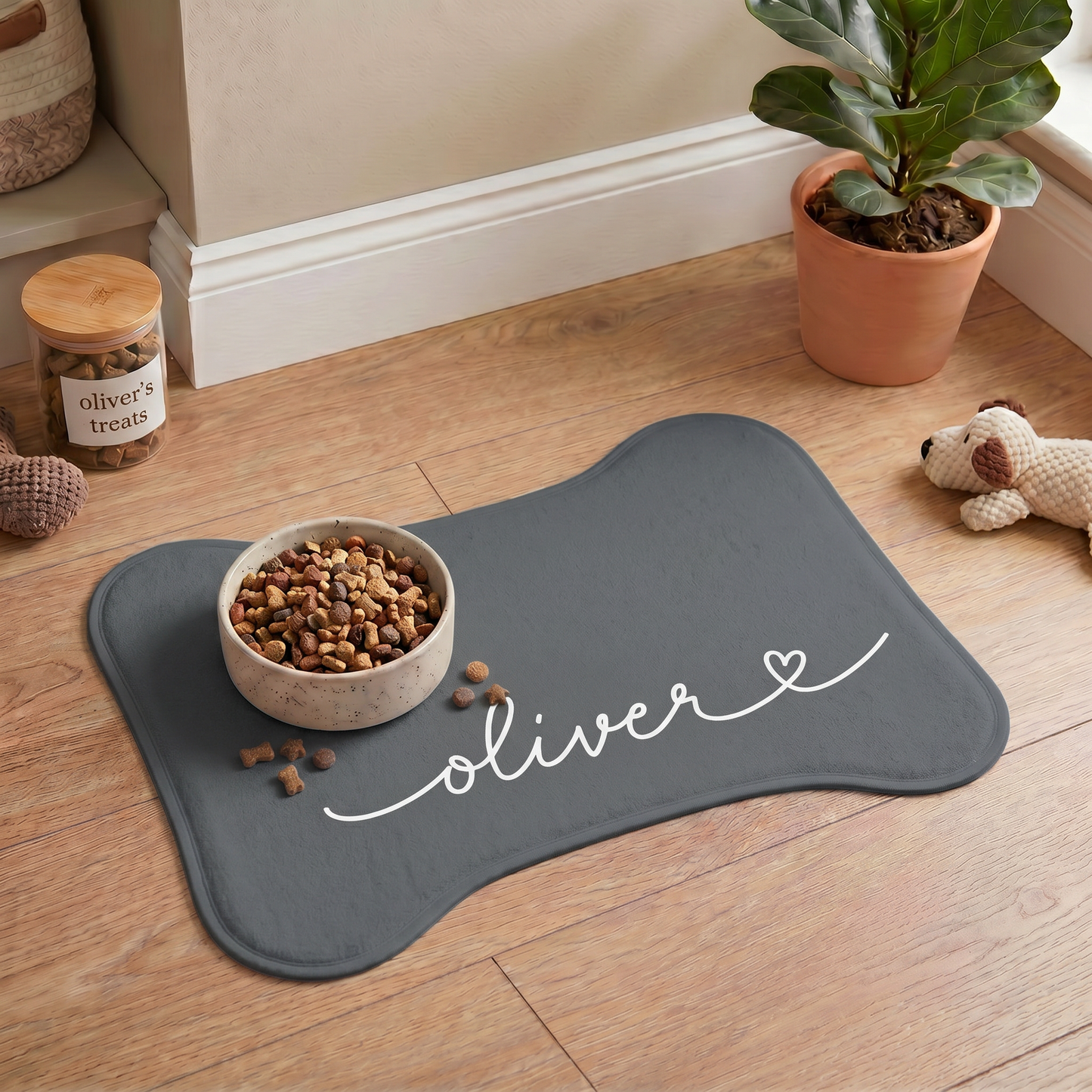 Personalized Dark Grey Dog Food Mat