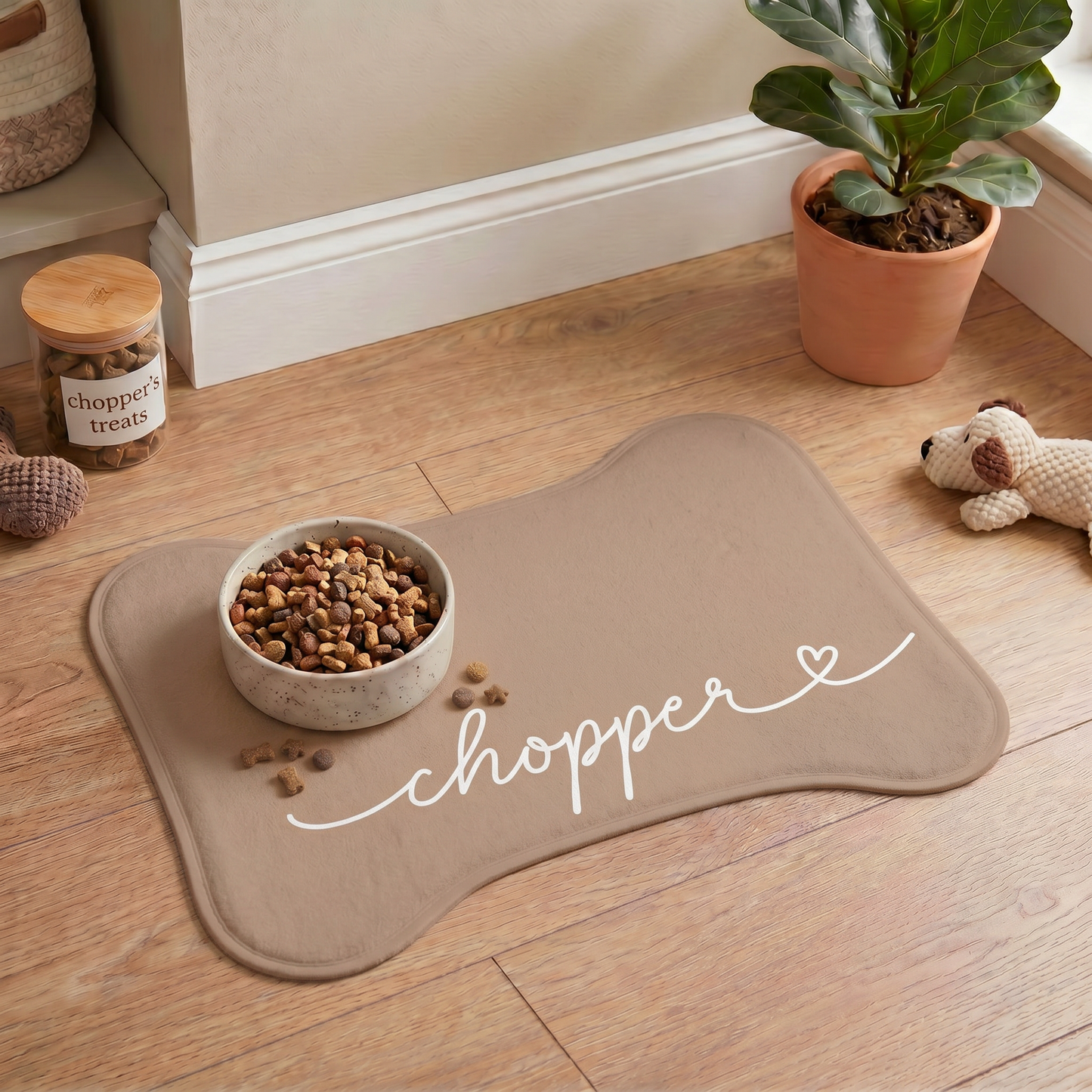 Personalized Taupe Dog Food Mat