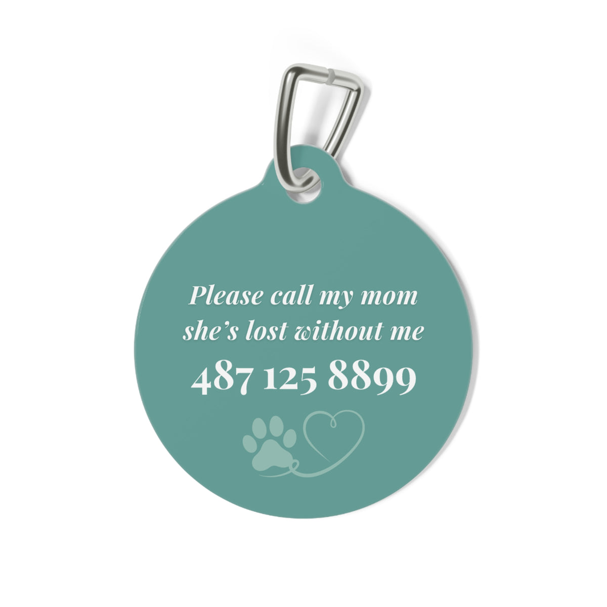 Back of the jade green personalized pet tag with a contact message, phone number and paw print with heart