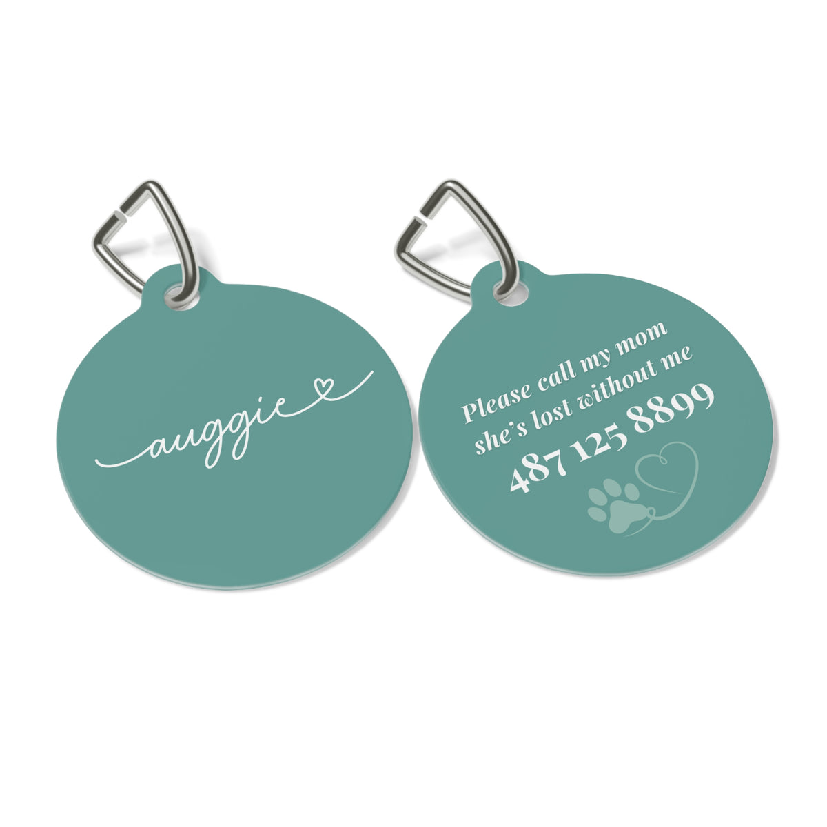 Front and back of the jade green personalized pet tag side by side