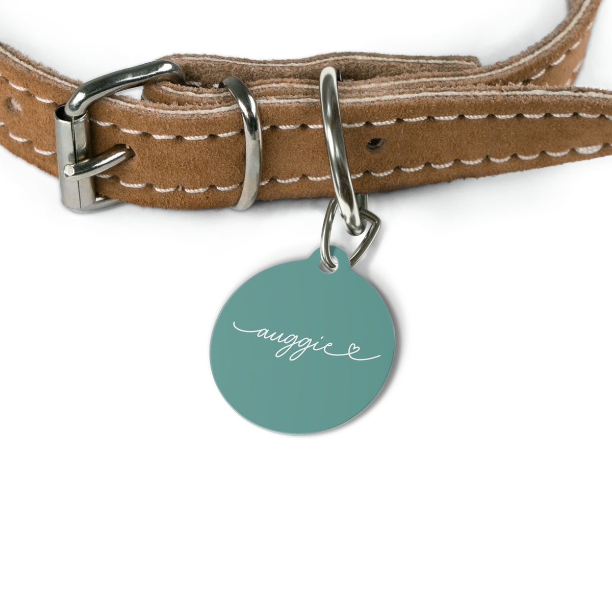Jade green personalized pet tag hanging from a tan leather dog collar